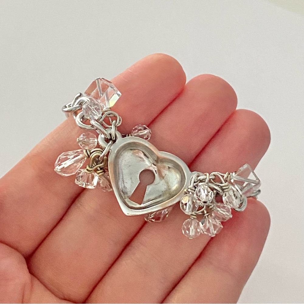 AUTH VTG Christian Dior Silver Chain Link Crystal Bead Heart Lock Charm Bracelet - Picture 10 of 13